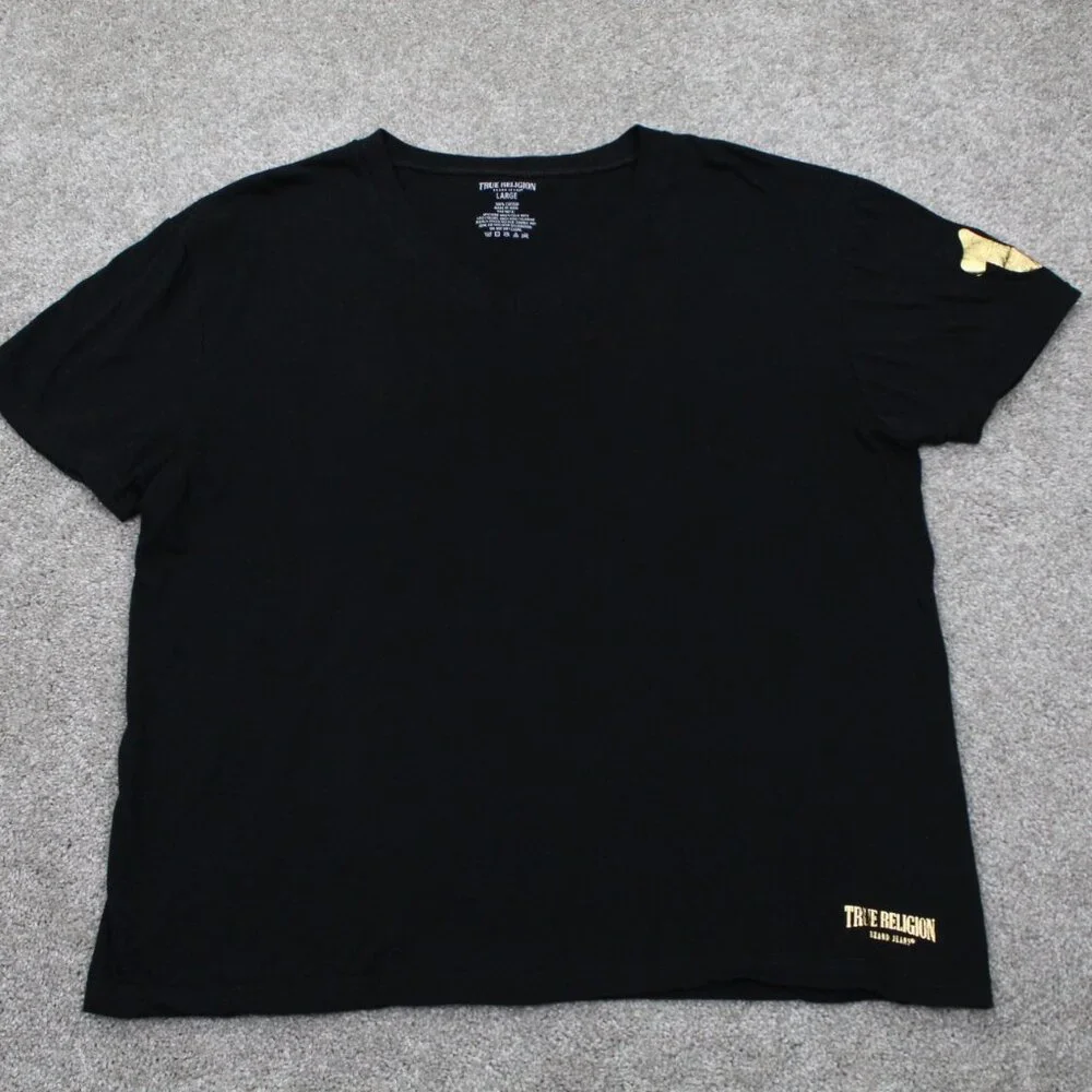 True Religion Shirt Mens Large Black V-Neck 100%‎ Cotton Short Sleeve Pullover